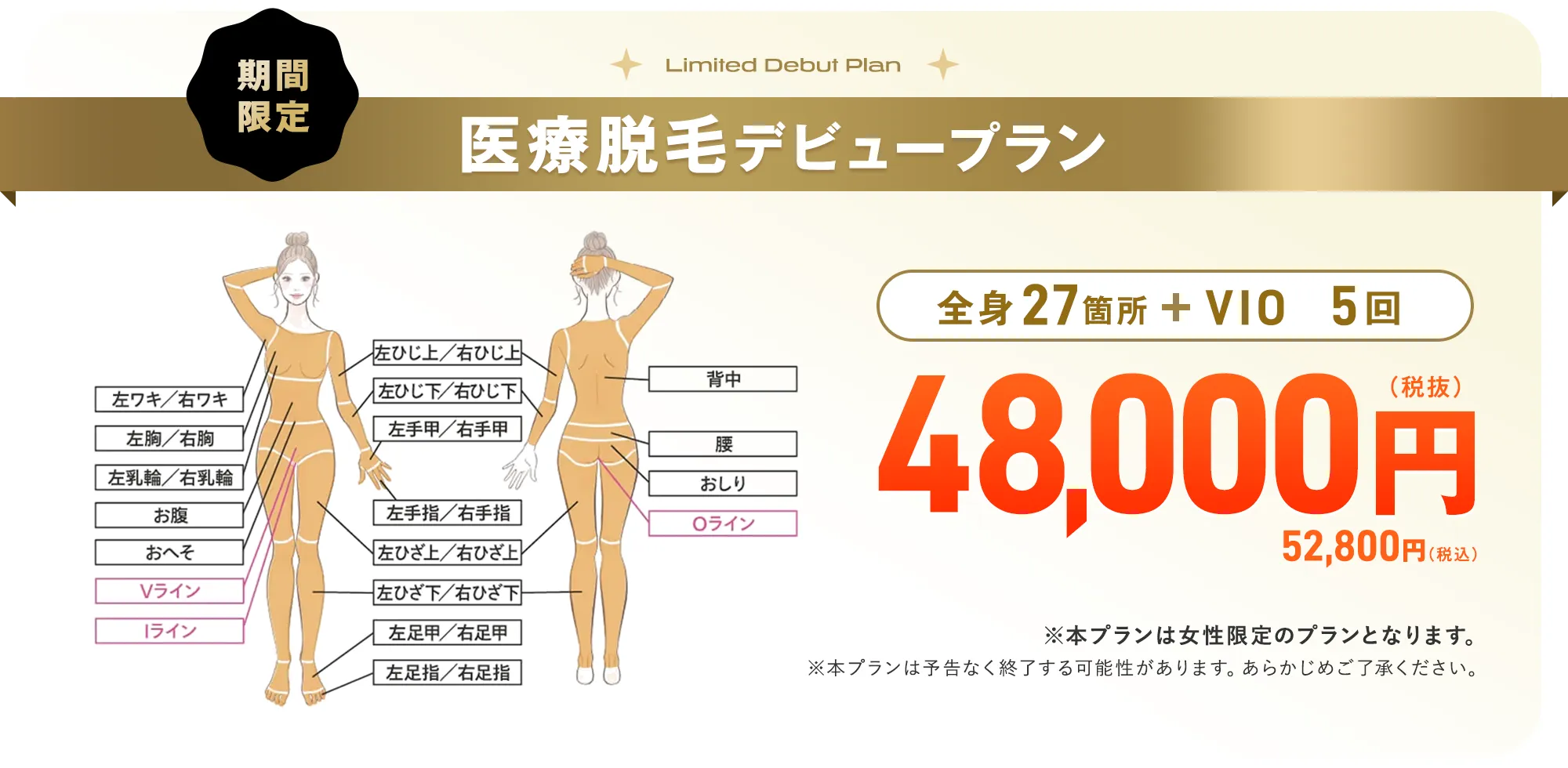 期間限定 医療脱毛デビュープラン 全身27箇所＋VIO5回 48000円（税抜）52800円（税込）※本プランは女性限定のプランとなります。※本プランは予告なく終了する可能性があります。あらかじめご了承ください。