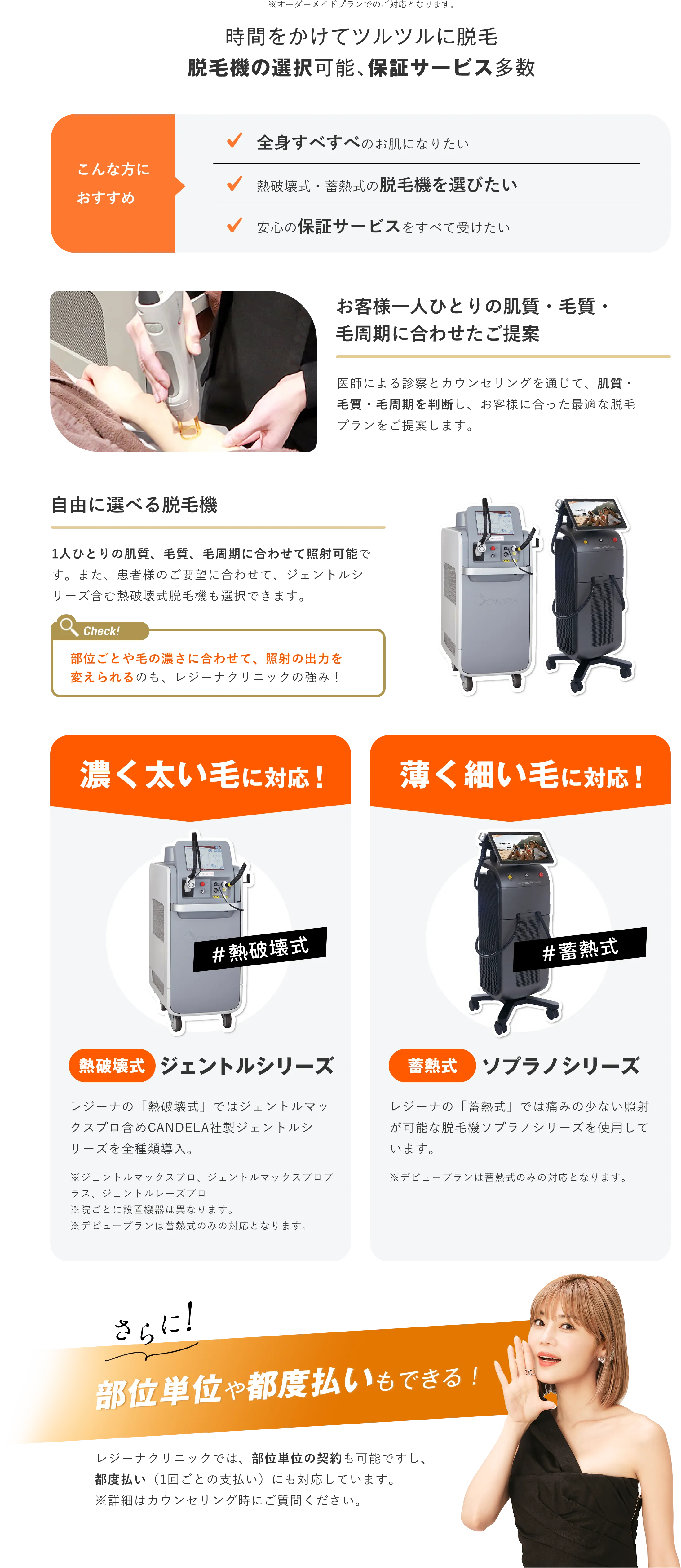 時間をかけてツルツルに脱毛、脱毛機の選択可能、保証サービス多数