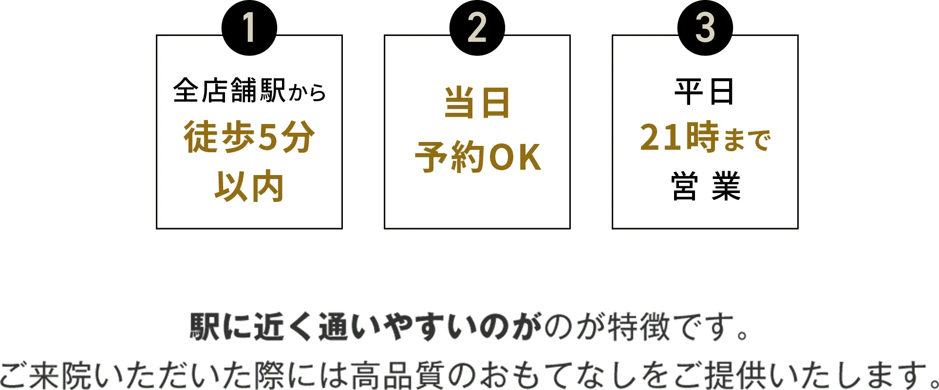 駅に近く通いやすいのが特徴です。ご来院いただいた際には高品質のおもてなしをご提供いたします。