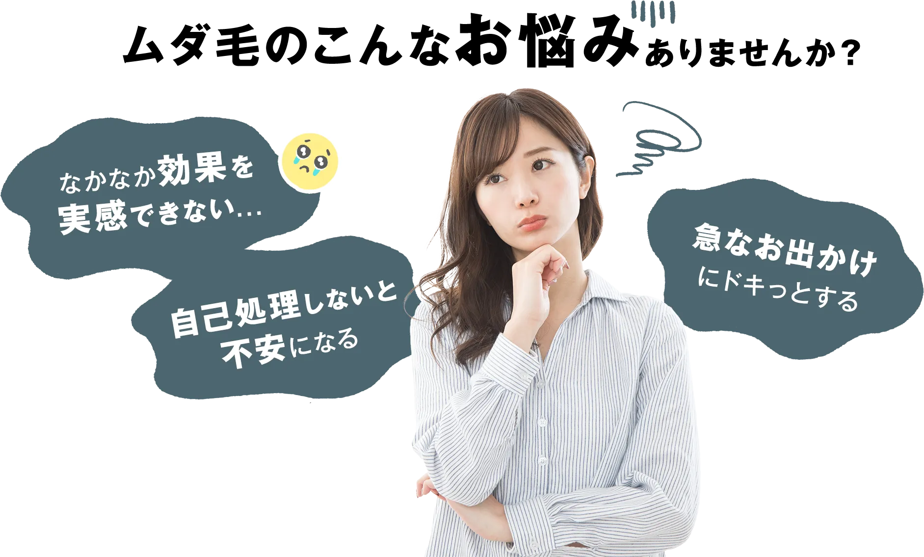 ムダ毛のこんなお悩みありませんか？ なかなか効果を実感できない...、自己処理しないと不安になる、急なお出かけにドキっとする